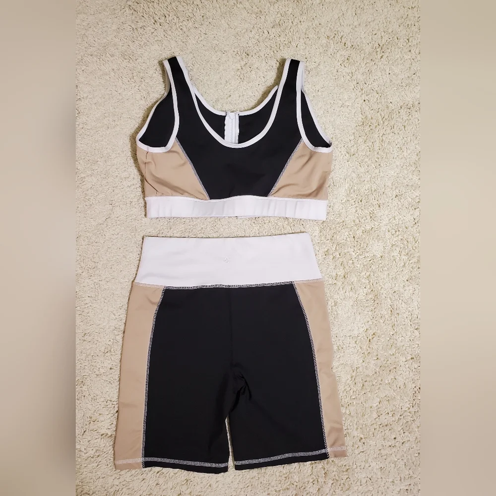 CALI SPORT Women Shorts Sports Bra Top Black Tan White 2pc Gym Outfit Athletic - Picture 2 of 16